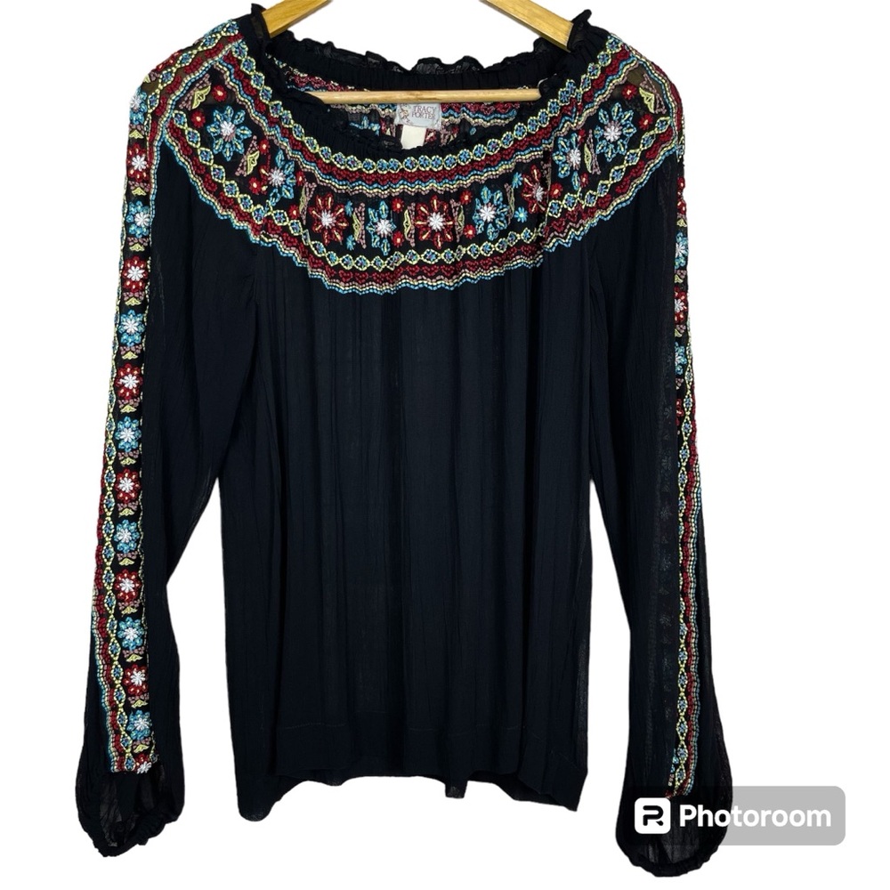 Tracy Porter Black Long Sleeve Floral Embroidered Sheer Top Women’s Size…